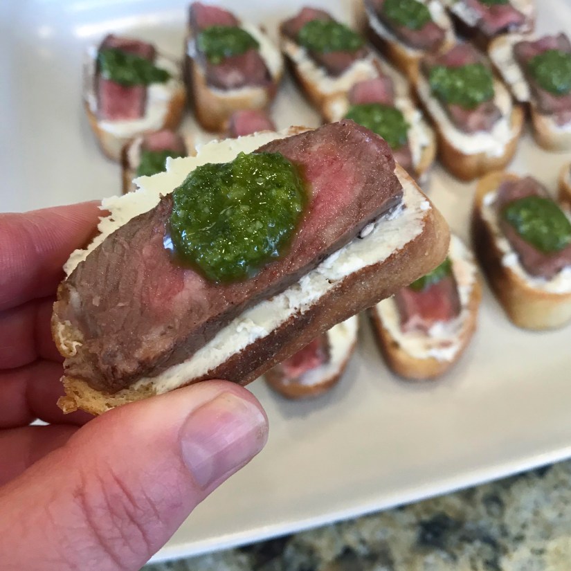 Steak and Goat Cheese Crostini with Pesto