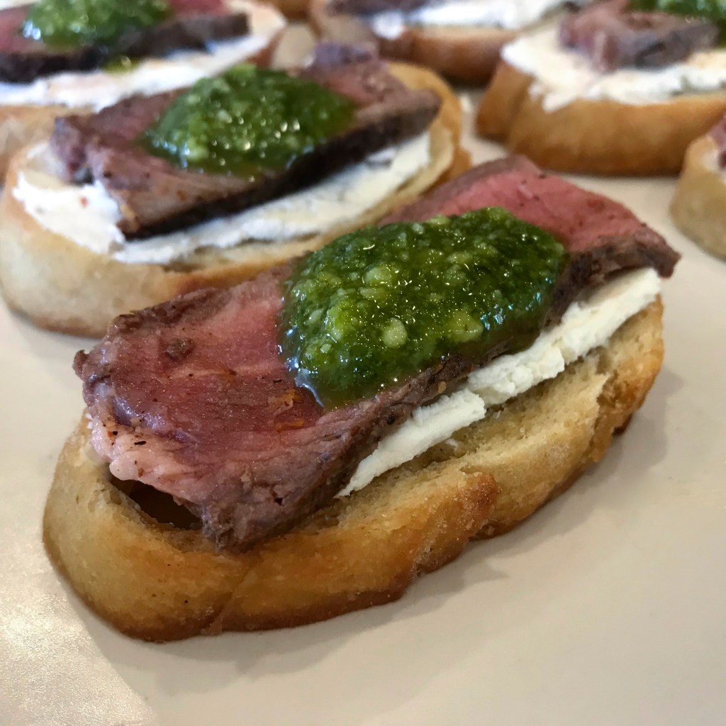 Steak and Goat Cheese Crostini with Pesto