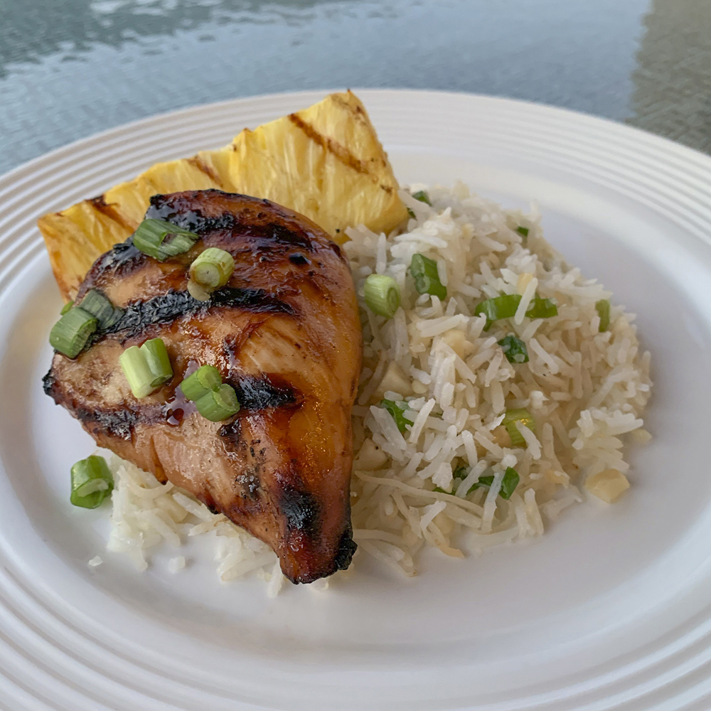 Hawaiian Grilled Chicken and Grilled Pineapple Over Macadamia Nut Rice